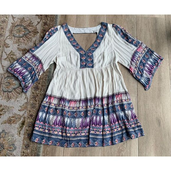 Free People Terra Nova boho blue purple print lined Tunic Mini Dress sz L - Picture 3 of 12